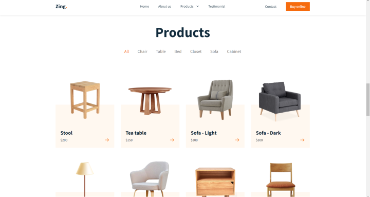 furniture store website screenshot